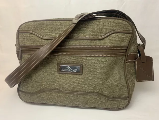 Vintage Jordache Tweed Carry On Luggage Over Night Tote Shoulder Bag Brown Green
