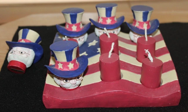 Patriotic Tic Tac Toe Red White Blue USA Uncle Sam Top Hats Candles