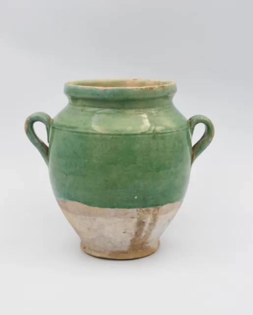 Ancien pot à confit en terre cuite vernissée couleur vert sud de la France
