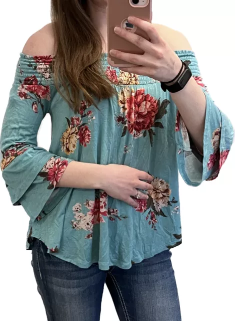 Kohls Off the Shoulder Blue Floral blouse Bell Sleeve Womens S NWT