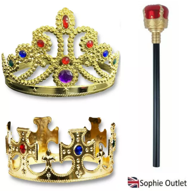 Royal KING QUEEN GOLD CROWN & SCEPTRE Adults Kids Fancy Dress Costume Toy Stick