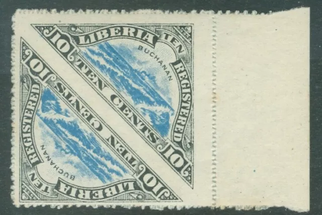 Liberia 1919, 10c Buchanan registration triangle PAIR, IMPERF BETWEEN #F15