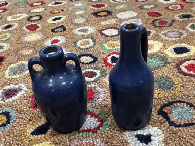 Uhl Pottery Whiskey Miniature Blue Lot 2 Jug & Double Handle Urn Huntingburg In