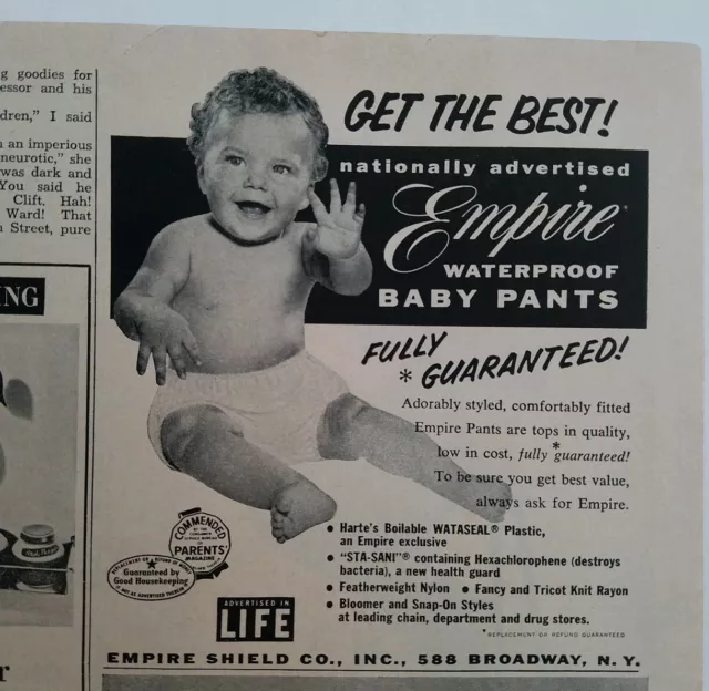 1956 Empire Shield Co waterproof baby pants diaper vintage ad