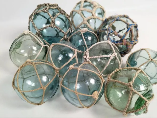 Glass Fishing Float Buoy Ball Vintage Japanese set of 11 diameter 6cm-9cm Net