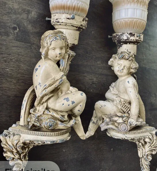 Pair Antique French Sconces Distressed Metal & Cameo glass Sconces