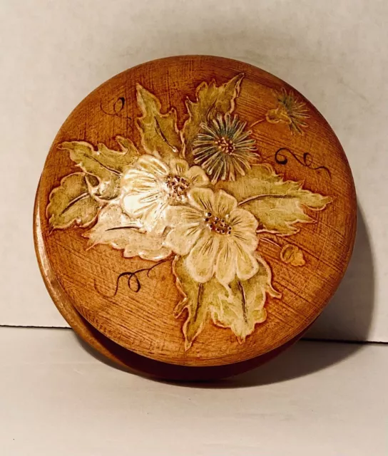 Embossed Wooden Trinket Box, Hand Painted Yellow Flowers on Lid Vintage Lovely