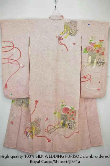 PINK KIMONO 100% SILK WEDDING FURISODE:Embroidered Royal Cargo/Shibori 2lb @F21a