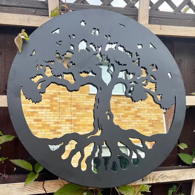 ROUND METAL BLACK Tree Of Life Mirror Silhouette Wall Mounted Outdoor