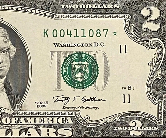 2009 Star note $2 TWO DOLLAR BILL (Dallas Texas k) Short Print ,Uncirculated