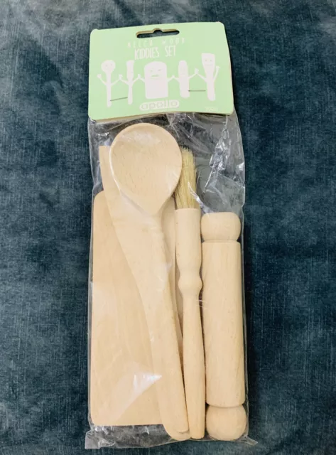 NEW Baking Utensil kids Set Kitchen Brush Wooden Spatula Play Rolling Pin Wood