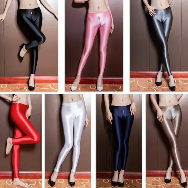 Womens Glossy Open Crotch Shorts Stretchy Smooth Leggings Slim Fit Short  Pants