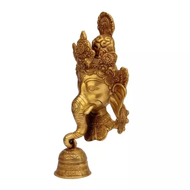 Brass Ganesha Face Wall Hanging With Bell on Trunk wall Home Decor Figurine Idol