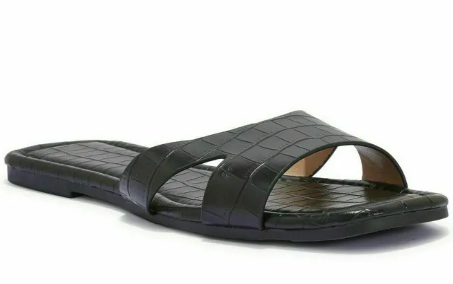 Womens Black Flat Sliders Slip On Summer Fashion Hoilday Sandals Mules Size Uk 3