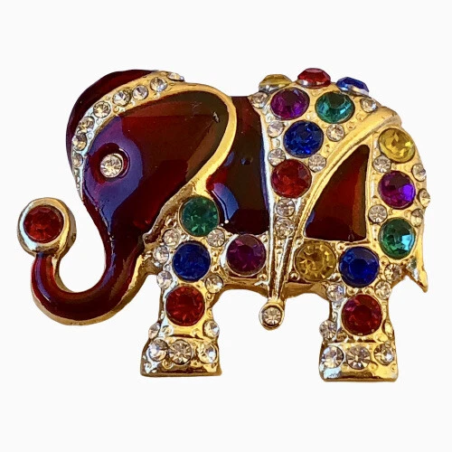 Elephant Pin Brooch Rhinestones Crystals Trunk Up For Good Luck