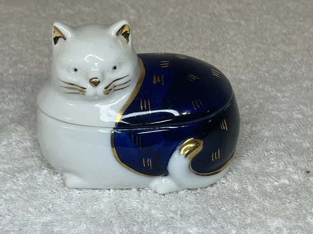 Cat Blue White Gold  Trinket Box Jewelry Holder 3” Long Made In Japan