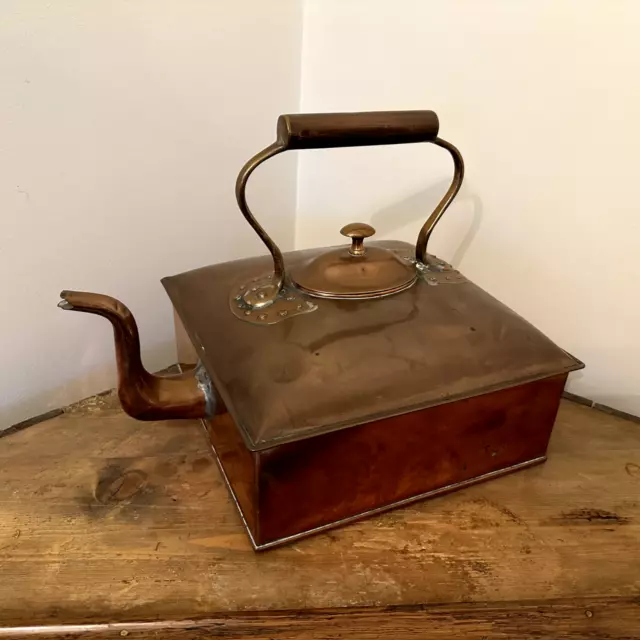 Large Square Copper Kettle Antique Victorian Georgian Stately Home Fire