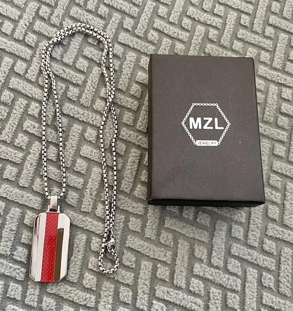 Tungsten Carbide Men's Dog Tag Pendant With Red Carbon Fiber Inlay & Chain