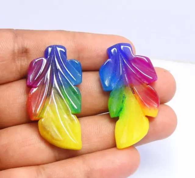 84.50 Cts Natural Rainbow Solar Quartz Carved Leaf Pair Loose Gemstone Gift H-65