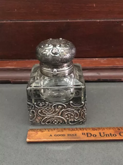 Antique German Hanau 800 Silver Rococo Overlay Etched Glass Fountain Pen Inkwell