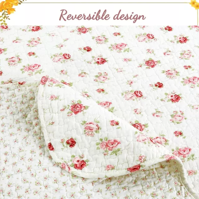 New Cozy Shabby Chic Ivory Pink Red Green Leaf Victorian Romantic Rose Quilt Set