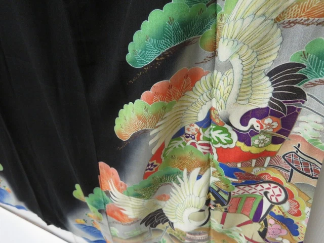 2213T03z720 Antique Japanese Kimono Silk TOMESODE Crane Black 4