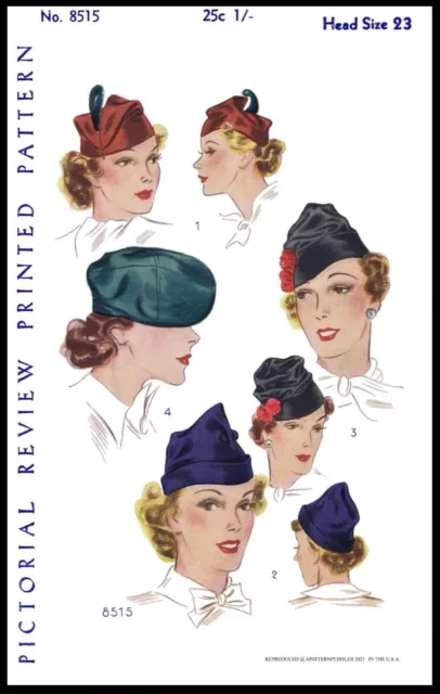 Pictorial Review # 8515 Hat Beret Cap Fabric Sewing PATTERN Vintage 1930's ~23"~