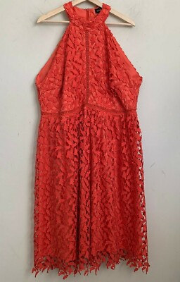 ModCloth Liza Luxe Orange Dress Lace Overlay Halter Neckline Midi Lined Size 2X