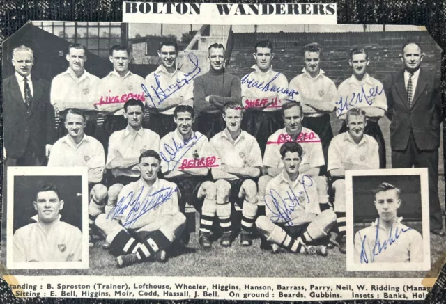 Signed 1958 FA Cup Bolton Wanderers X7 Team Group Doug Holden Football Autograph