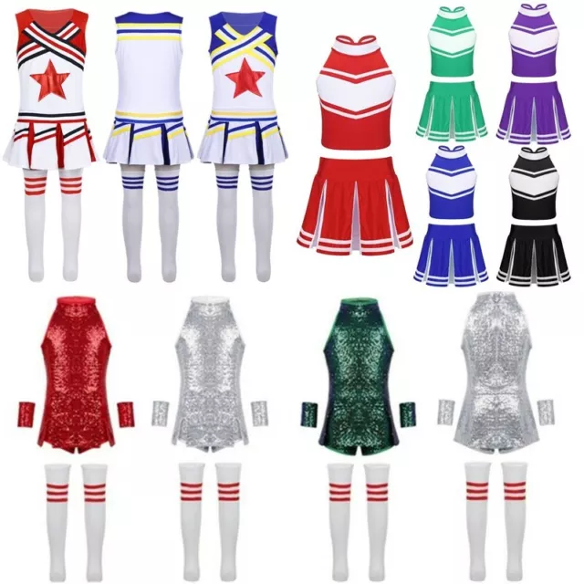 Kids Girls Jazz Hip-Hop Dance Outfit Cheerleading Uniform Tops+Skirts Costumes