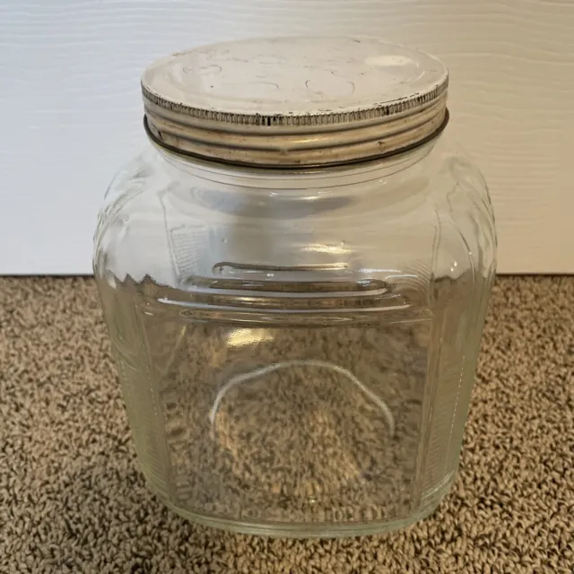 Vintage Ribbed Hoosier Depression Glass Jar Canister White Screw On Lid 8.25"