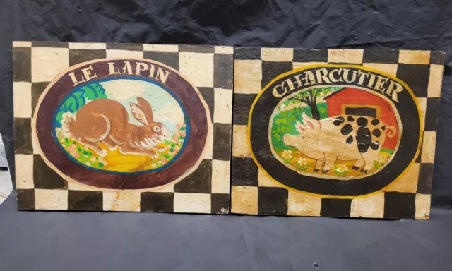 French Folk Art Painted Wood Art paintings Rabbit And Pig   Pair  3810