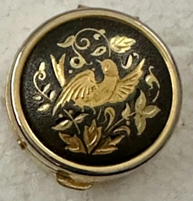 Vintage Damascene Enamel Inlay Pill Box w/Liner Bird Flower Design Small Trinket