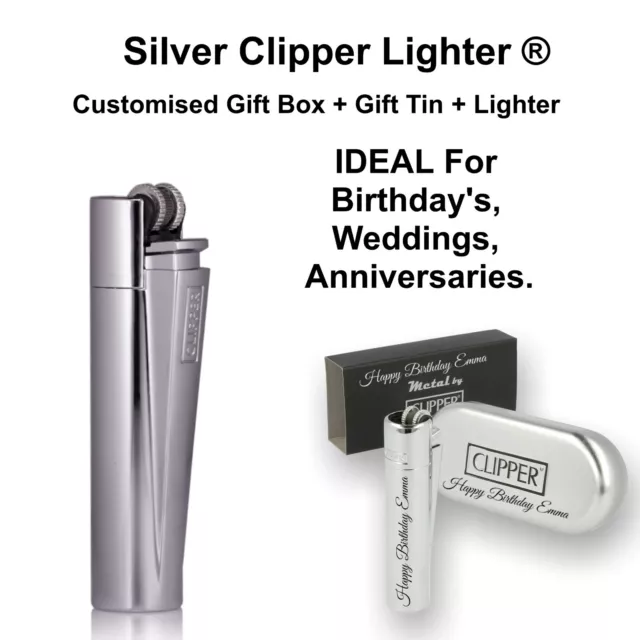 CLIPPER Engraved SILVER STEEL Personalised Lighter Birthday Fathers Day Gift