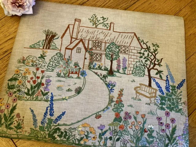 Charming Hand Embroidered Large Picture Panel ~ English Cottage Garden ~