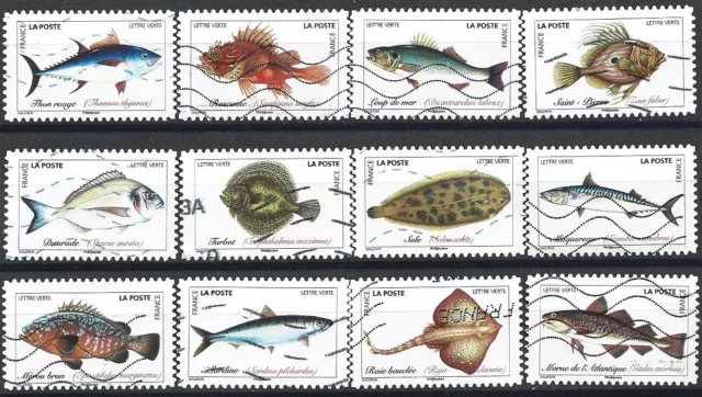 FRANCE- Série de 12 timbres autoadhésifs et oblitérés de 2019 "Poissons de mer"