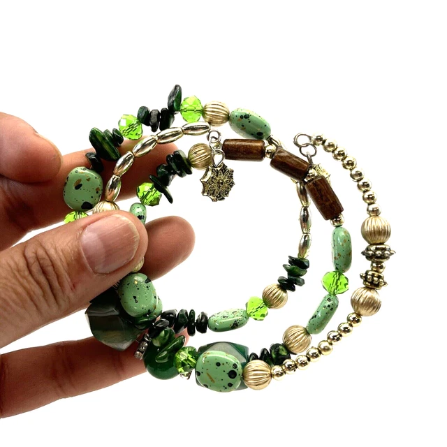 Bracelet Glass Jade Bead Memory Wire Wrap Wood Boho Multi Green Shade B#8