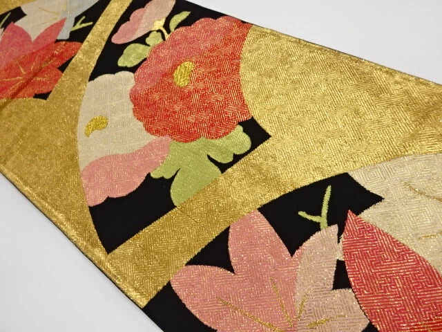 6645396: Japanese Kimono / Antique Fukuro Obi / Woven Kiku With Maple
