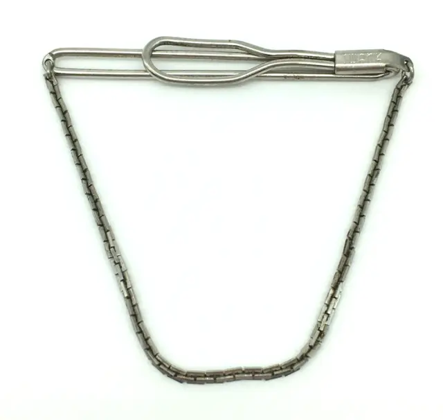 Vintage Swank Tie Clasp Clip with Chain Silver Tone signed