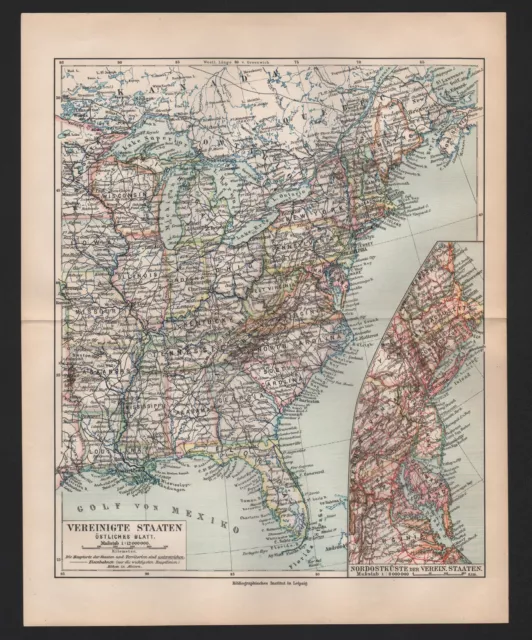 Landkarte map 1908: USA VEREINIGTE STAATEN ÖSTLICHES BLATT Maßstab 1:12.000.000