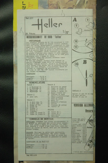1/72ème PLAN DE MONTAGE POUR MESSERSCHMITT BF 108B TAIFUN - POUR MAQUETTE HELLER