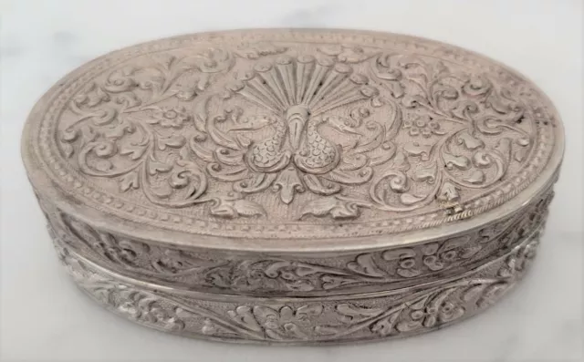 800 Silver Antique European Trinket Box with Peacock Motif 3" x 1 7/8" x 7/8"