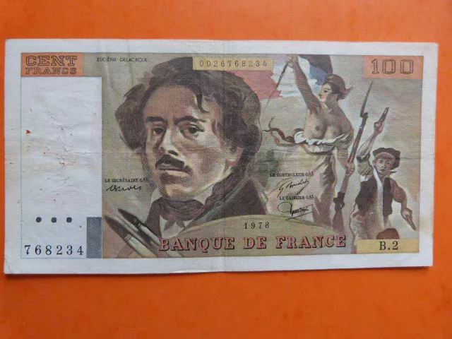 BILLET DE 100 FRANCS  DELACROIX  DE  1978 ALPHABET B2   LE  100  non  hachuré