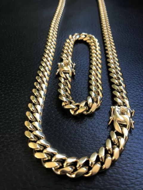 Mens Cuban Miami Link Bracelet & Chain Set 10mm Stainless Steel 18K Gold Plated