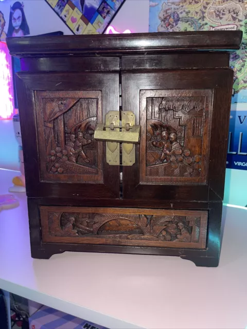 Antique Large Asian Chinese Carved Wood Lined Drawer Lock Jewelry Box Chest