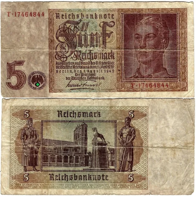 Banknote 5 Reichsmark 1942 Berlin DEU-220b Ro.179b P-186 Udr.-Bst. P Serien: T