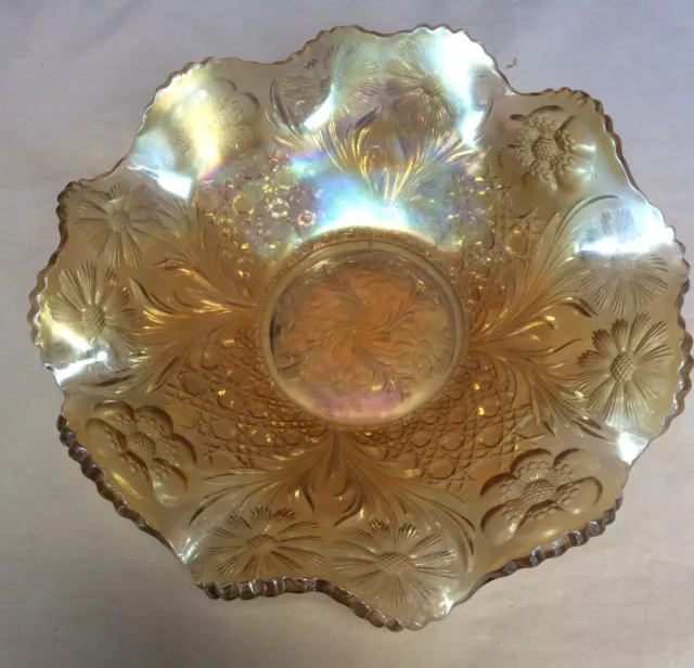 Honey Amber Carnival Glass Cosmos & Cane Ruffled Large Bowl