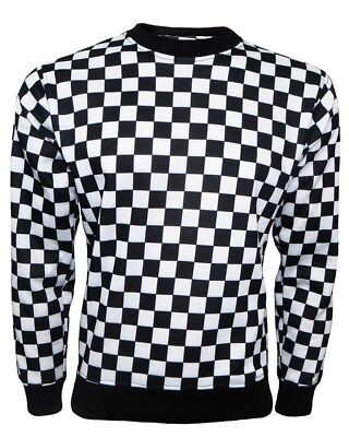 Men's Monochrome Checkerboard Chess Check Fleece Jumper Sweatshirt Top Sweater