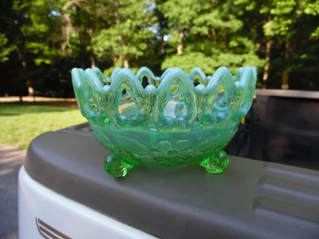Vintage Northwood Green Opalescent Wild Rose Three Footed Candy Bowl / Dish