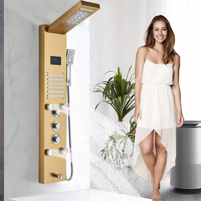 Gold LED Rain&Waterfall Shower Panel Tower Massage Jets System Stainless Steel